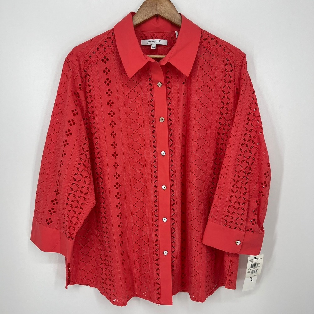 Foxcroft NYC Women 16W Sunset Coral Eyelet Cotton Button Down Shirt 178323 NEW